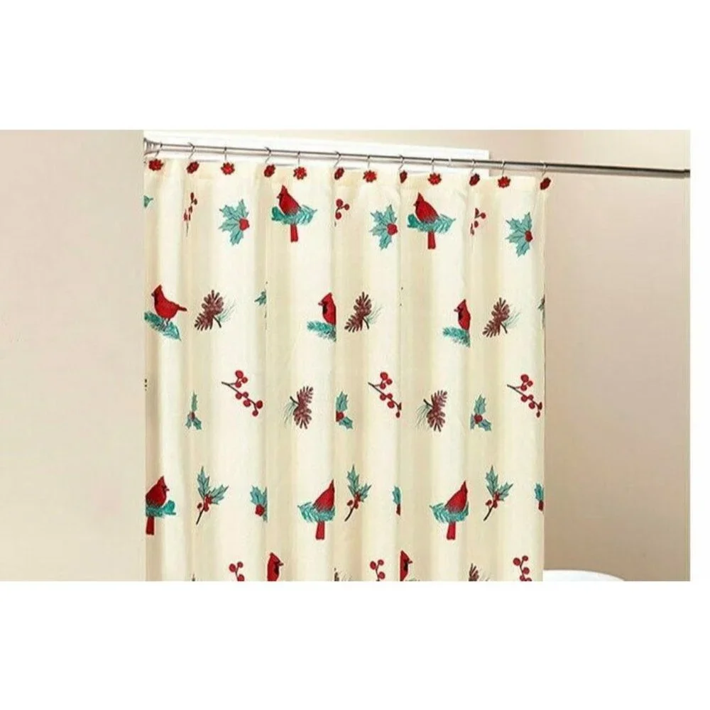 Cardinal Bird Garland Shower Curtain Winter Holiday Holly Berry Poinsettia NEW